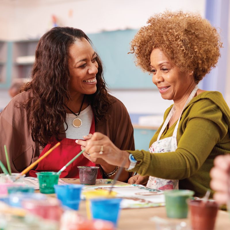 Two black women painting at a table